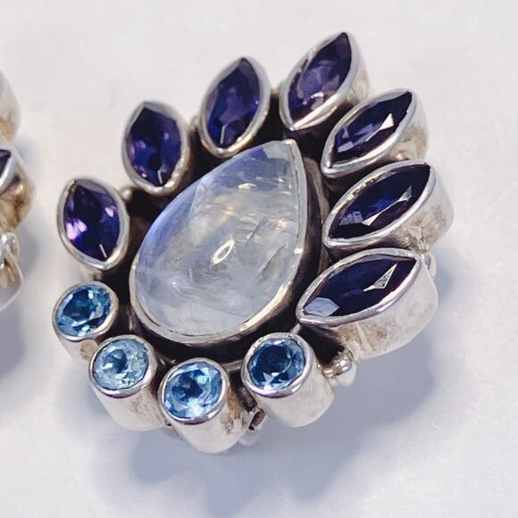 Nicky Butler Sterling Rainbow Moonstone Iolite Topaz Teardrop Clip On Earrings - Picture 5 of 15